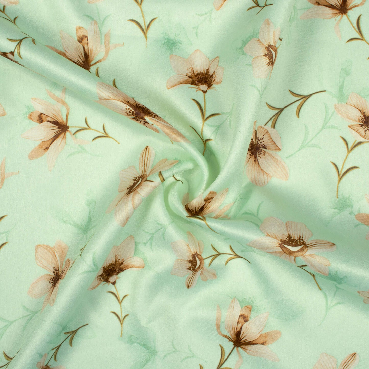 Tea Green Floral Pattern Digital Print Lush Satin Fabric