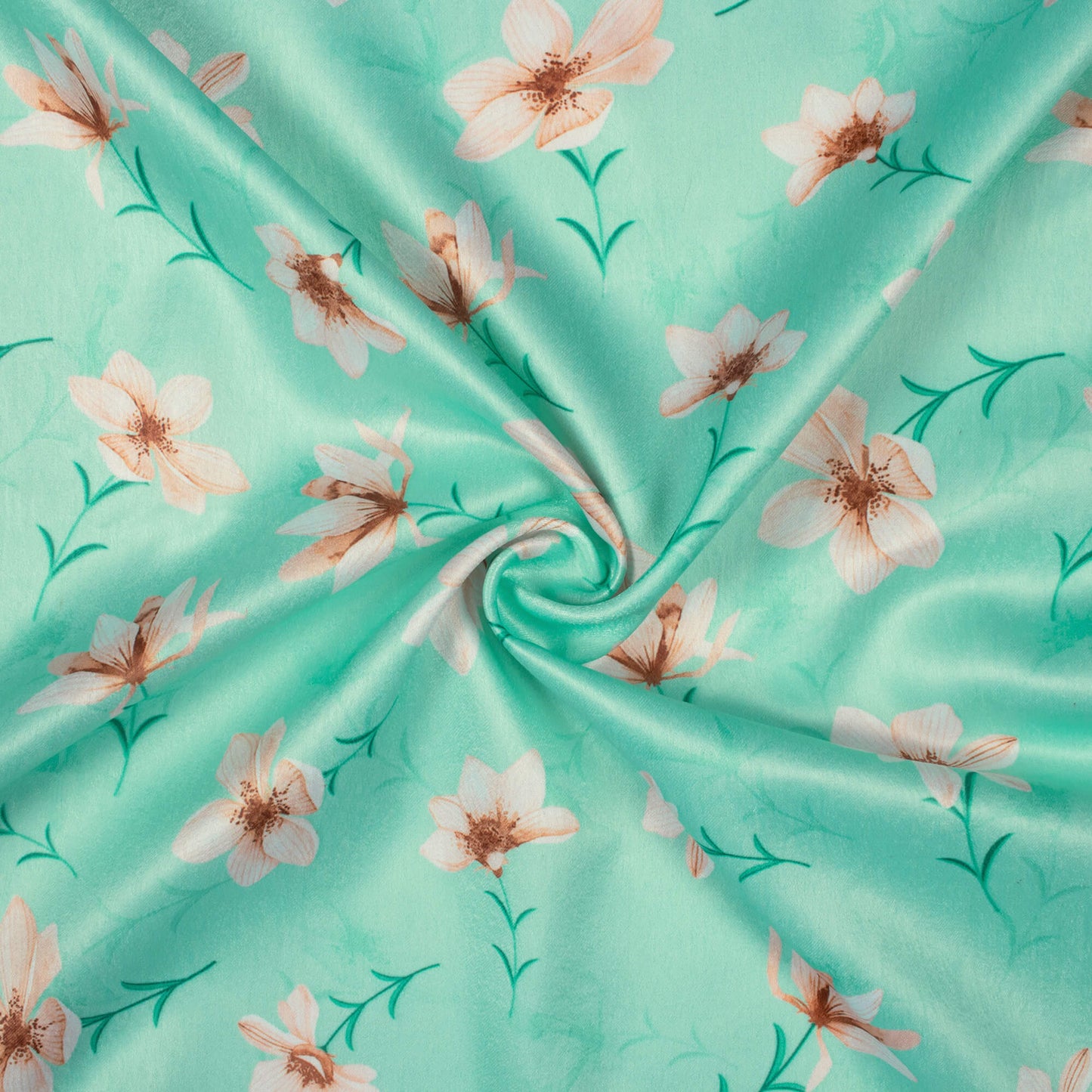 Turquoise Floral Pattern Digital Print Lush Satin Fabric