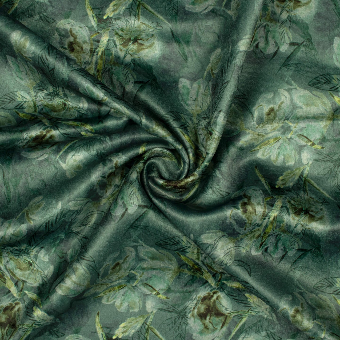 Pastel Green Floral Pattern Digital Print Lush Satin Fabric