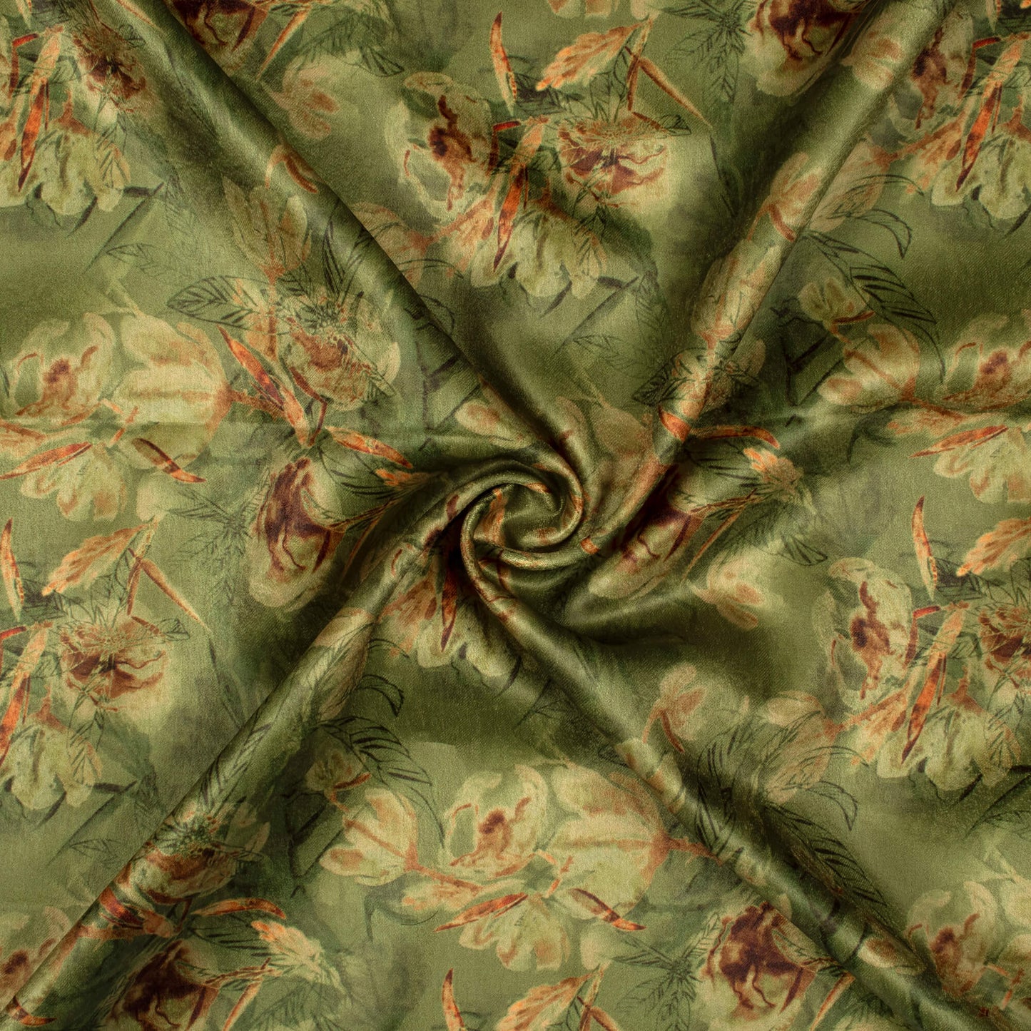 Olive Green Floral Pattern Digital Print Lush Satin Fabric