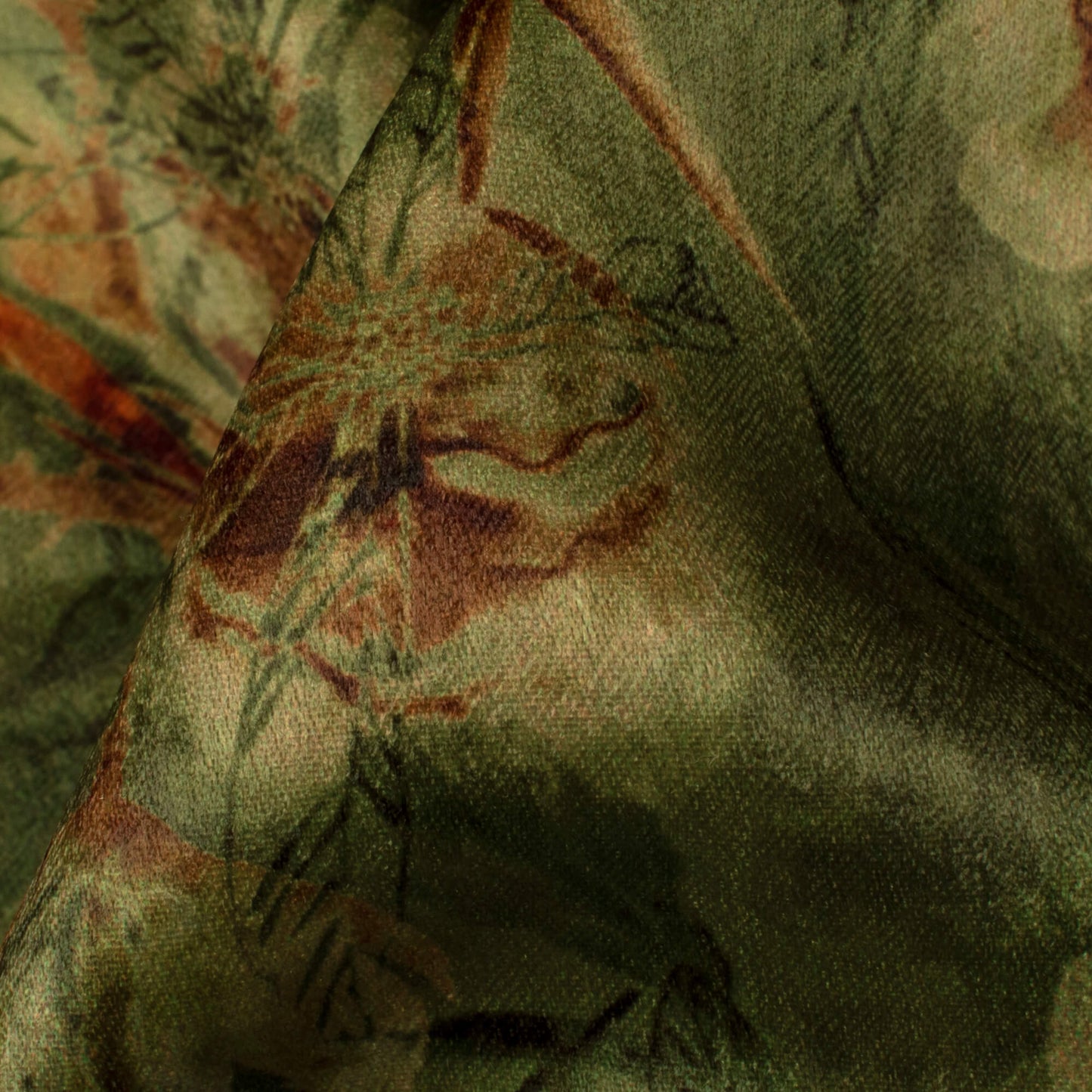 Olive Green Floral Pattern Digital Print Lush Satin Fabric