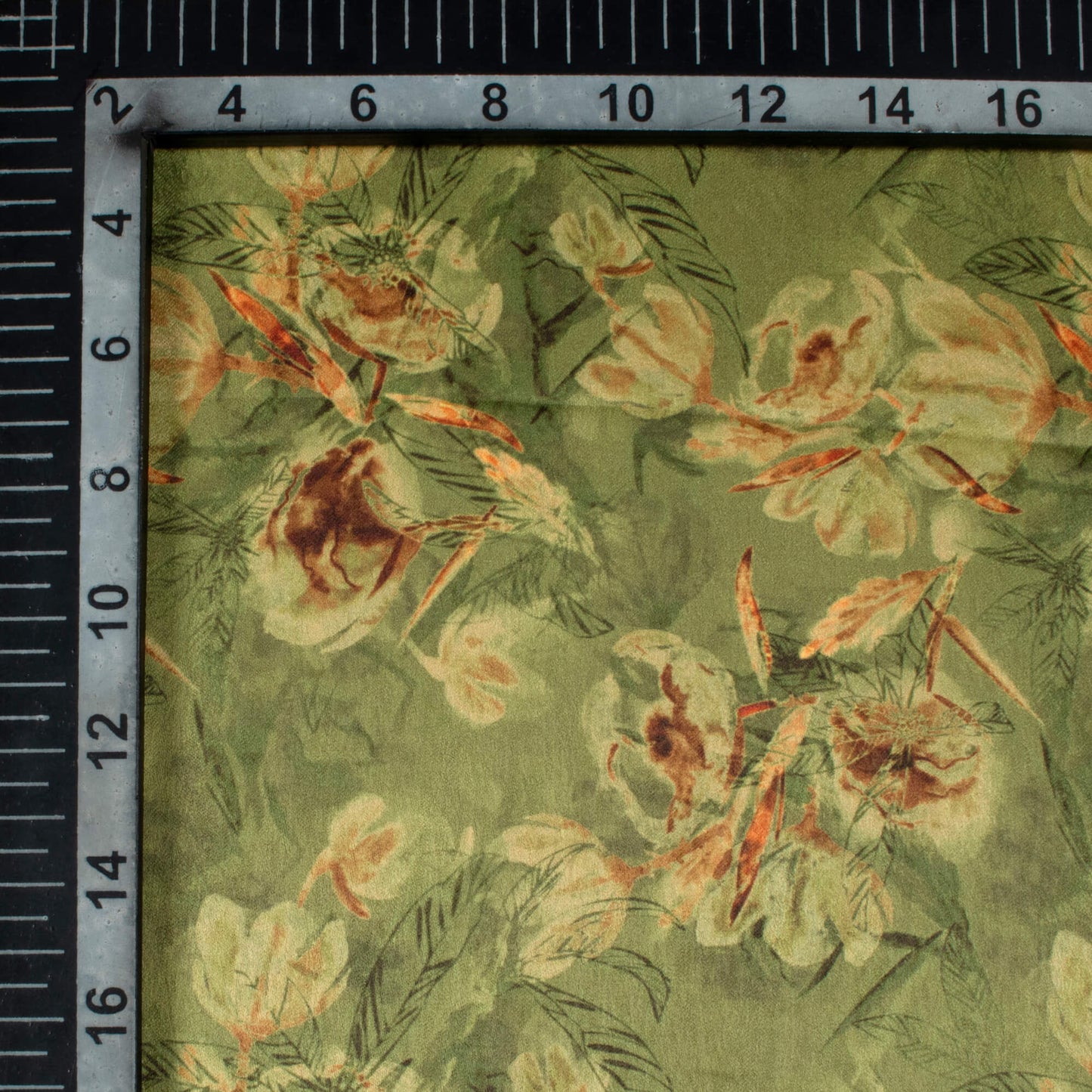 Olive Green Floral Pattern Digital Print Lush Satin Fabric