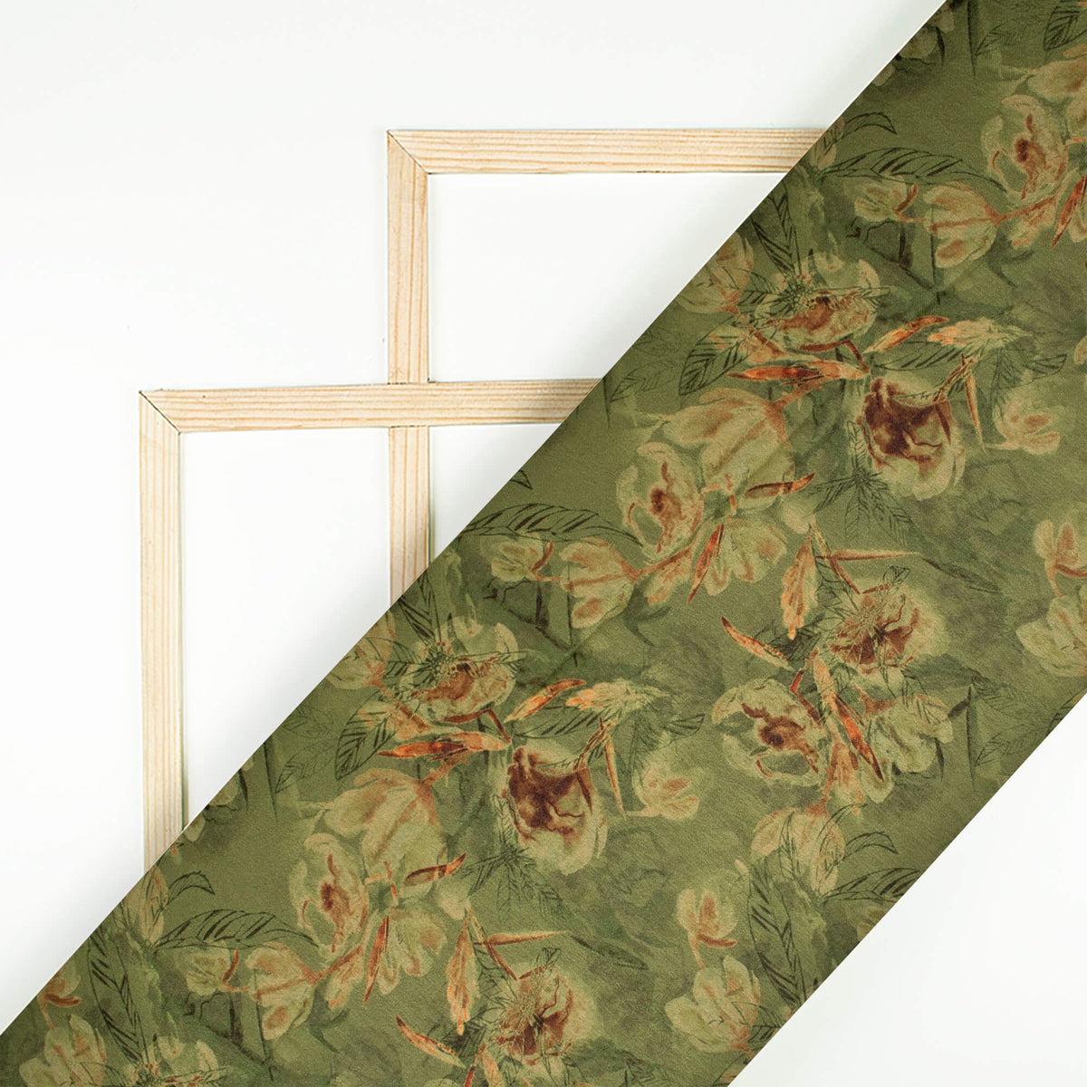 Olive Green Floral Pattern Digital Print Lush Satin Fabric