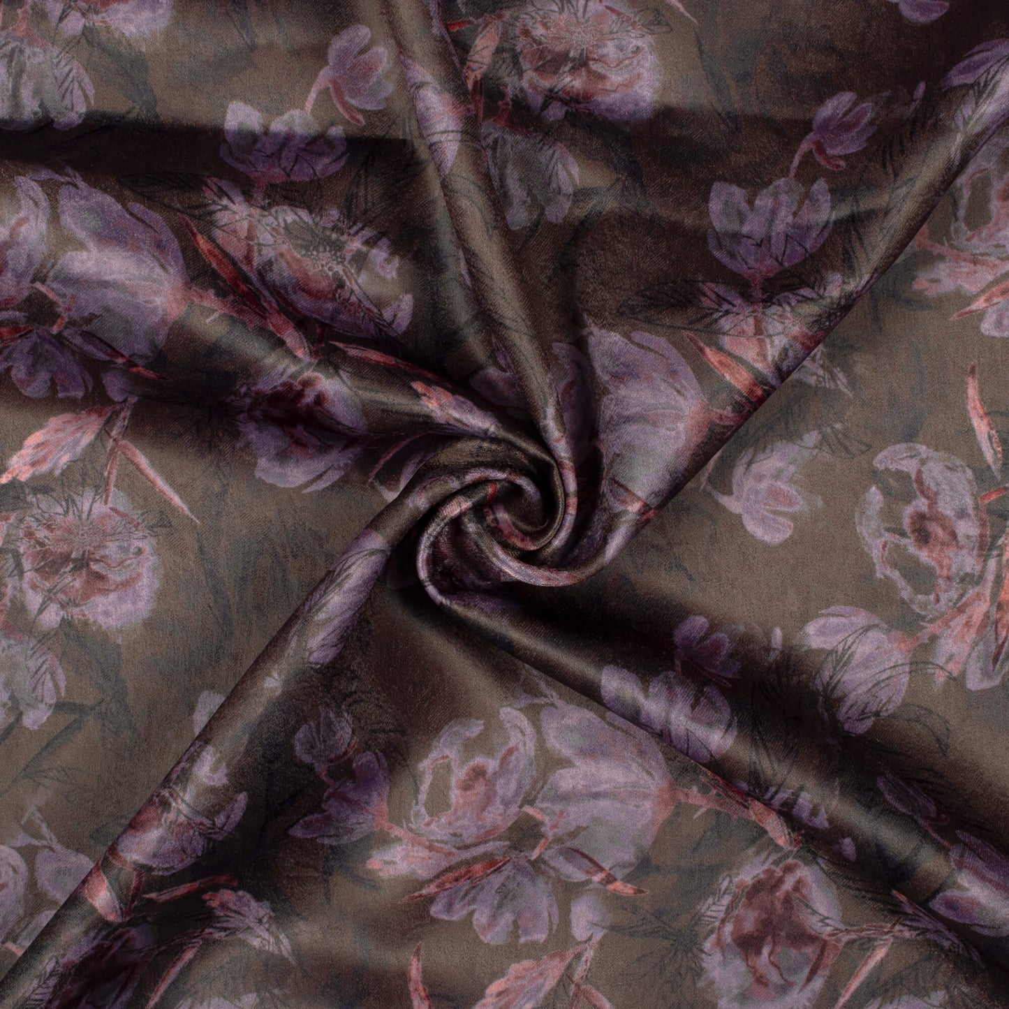 Brown Floral Pattern Digital Print Lush Satin Fabric