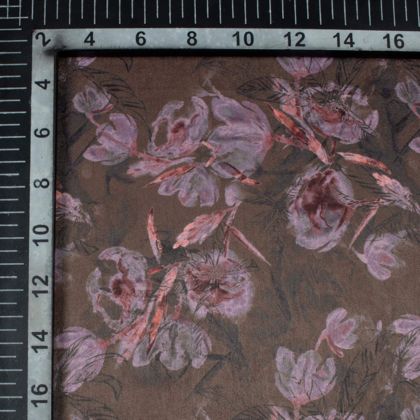 Brown Floral Pattern Digital Print Lush Satin Fabric