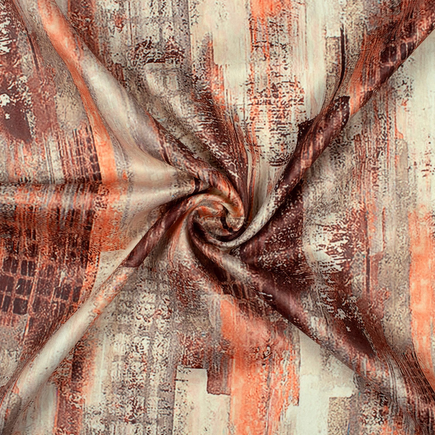 Cream And Peach Abstract Pattern Digital Print Lush Satin Fabric