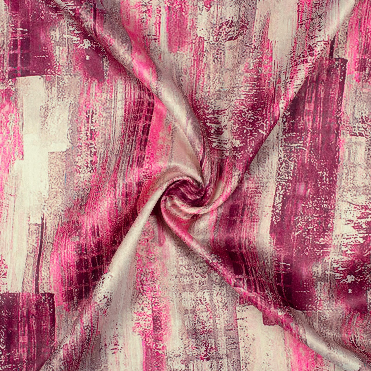 Cream And Pink Abstract Pattern Digital Print Lush Satin Fabric