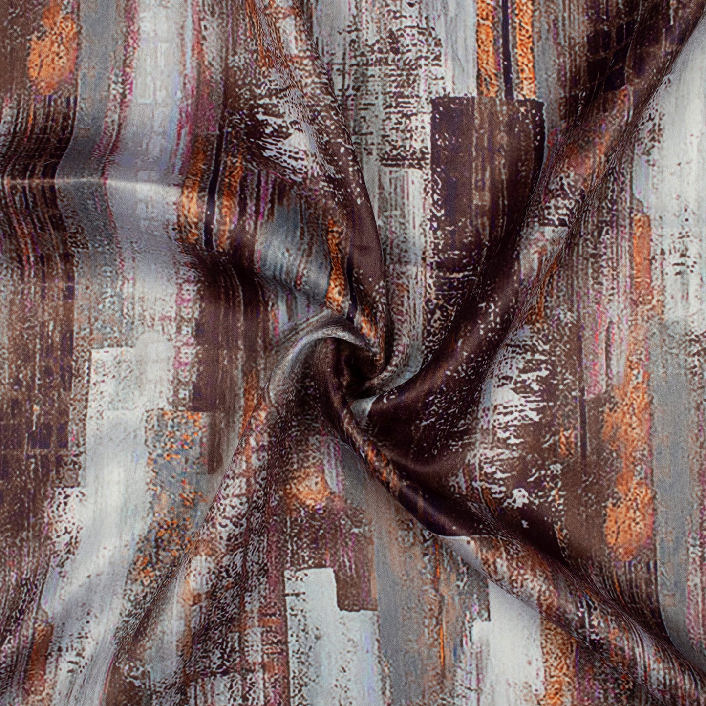 Umber Brown And Off White Abstract Pattern Digital Print Lush Satin Fabric