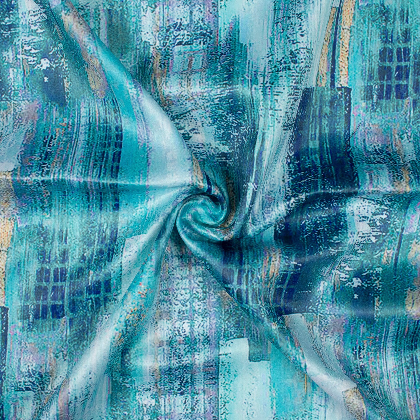 Sky Blue And Off White Abstract Pattern Digital Print Lush Satin Fabric