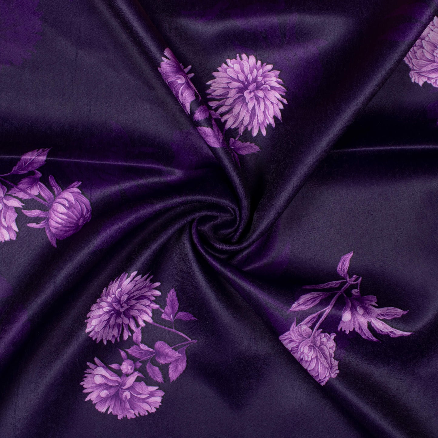 Eggplant Purple Floral Pattern Digital Print Lush Satin Fabric