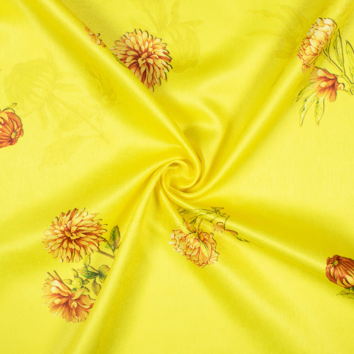 Lemon Yellow Floral Pattern Digital Print Lush Satin Fabric