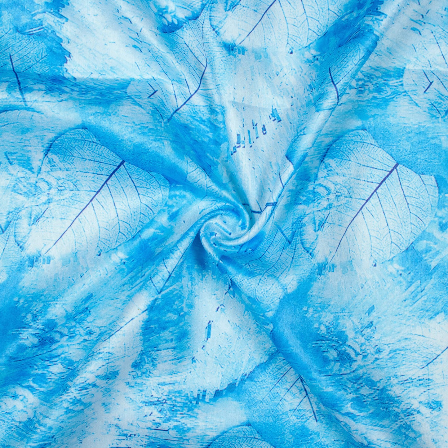 Sky Blue And White Leaf Pattern Digital Print Lush Satin Fabric