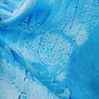Sky Blue And White Leaf Pattern Digital Print Lush Satin Fabric