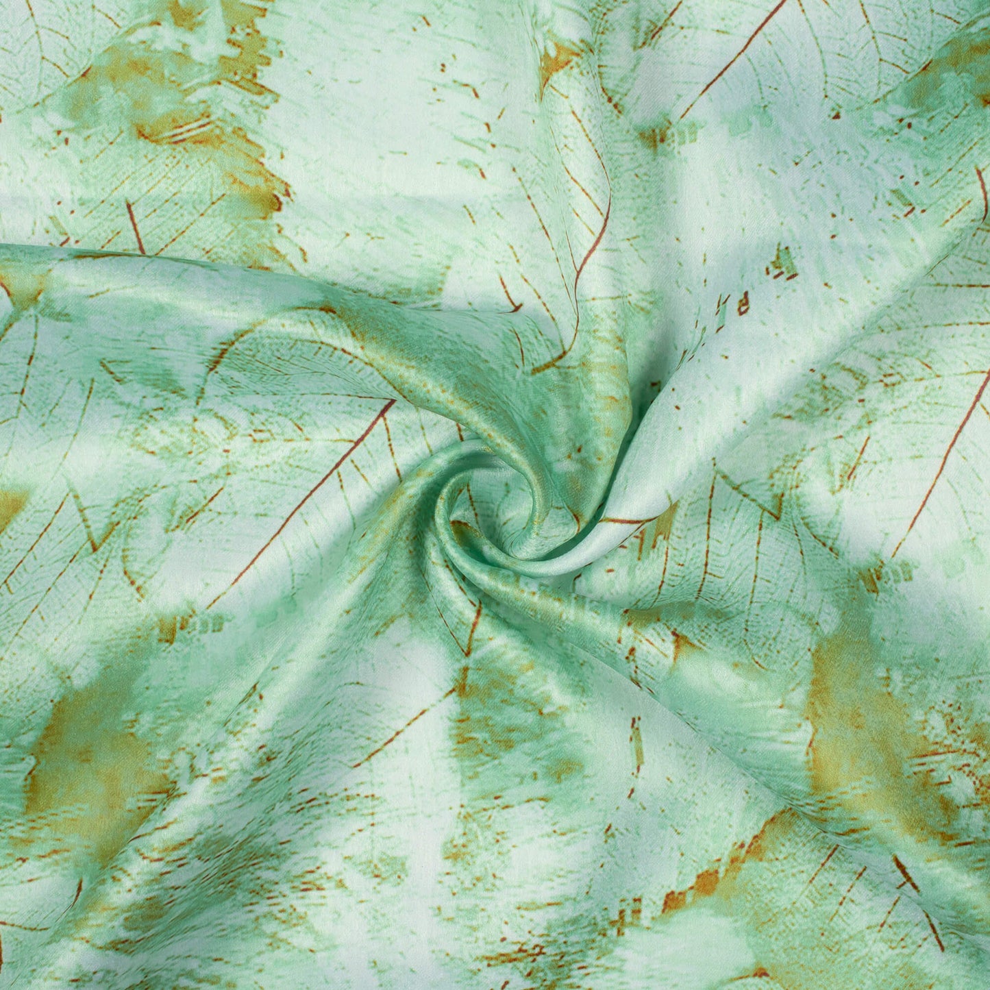 Sage Green And White Leaf Pattern Digital Print Lush Satin Fabric