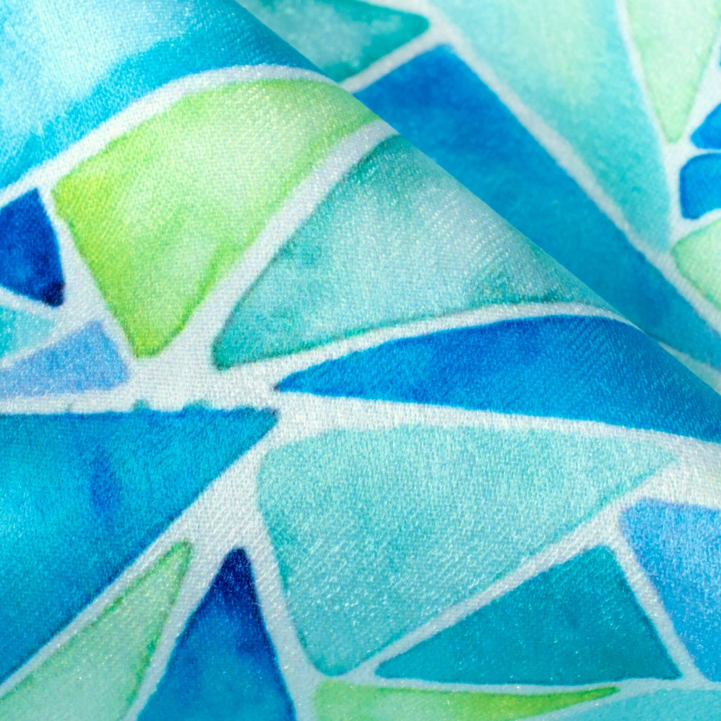 Azure Blue And Green Geometric Pattern Digital Print Lush Satin Fabric