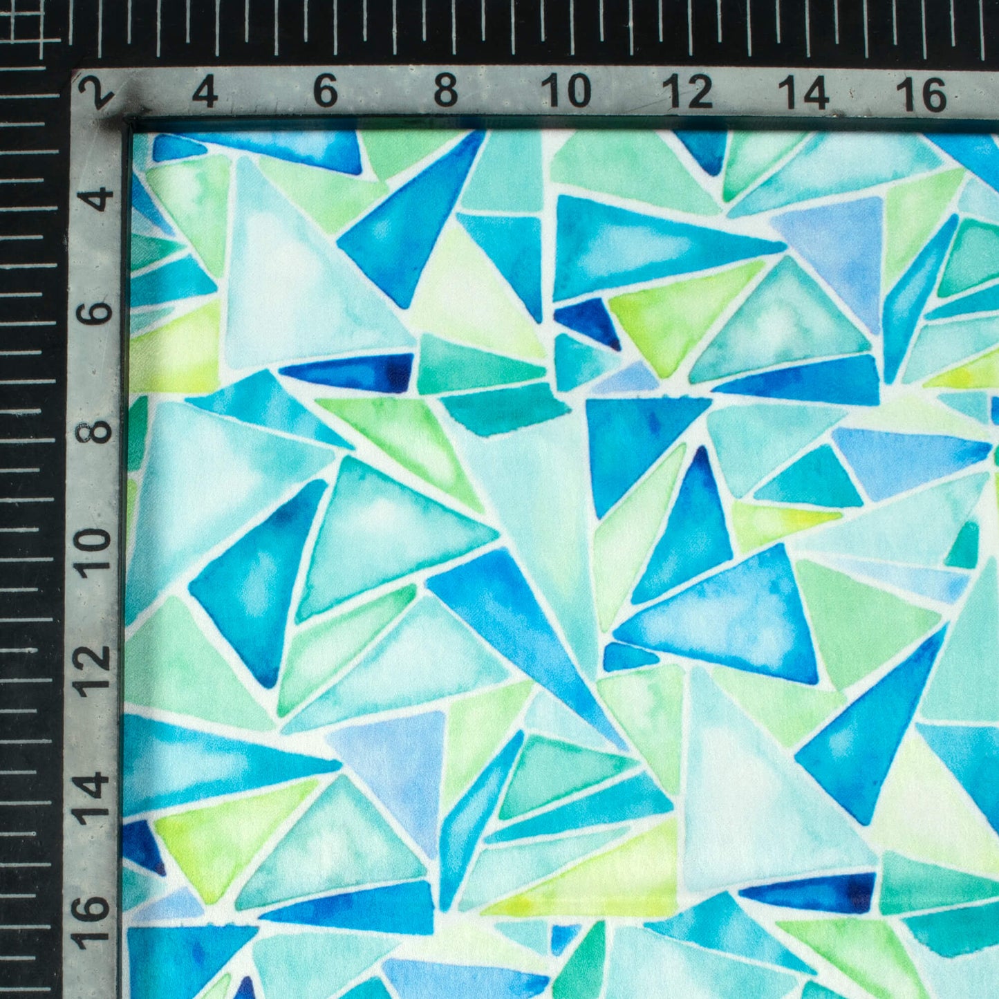 Azure Blue And Green Geometric Pattern Digital Print Lush Satin Fabric