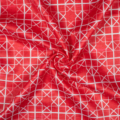 Cerise Pink And White Geometric Pattern Digital Print Lush Satin Fabric
