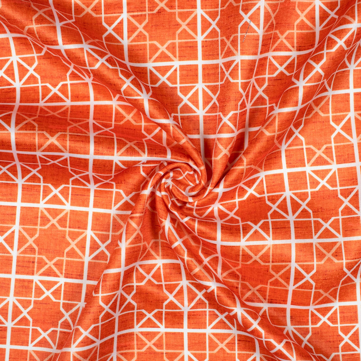 Squash Orange And White Geometric Pattern Digital Print Lush Satin Fabric