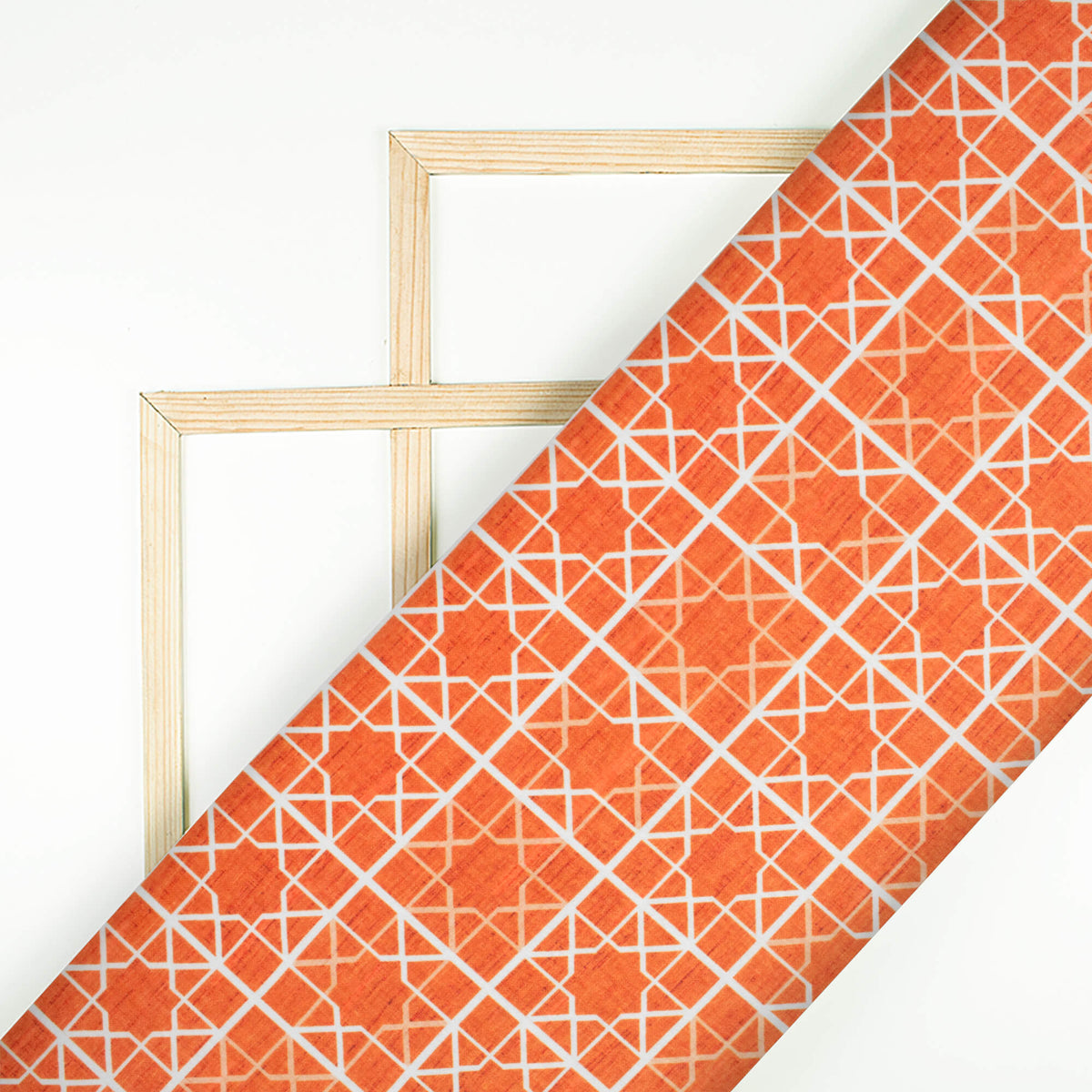 Squash Orange And White Geometric Pattern Digital Print Lush Satin Fabric