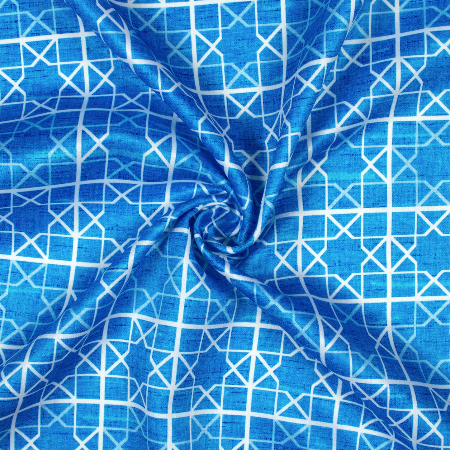 Azure Blue And White Geometric Pattern Digital Print Lush Satin Fabric