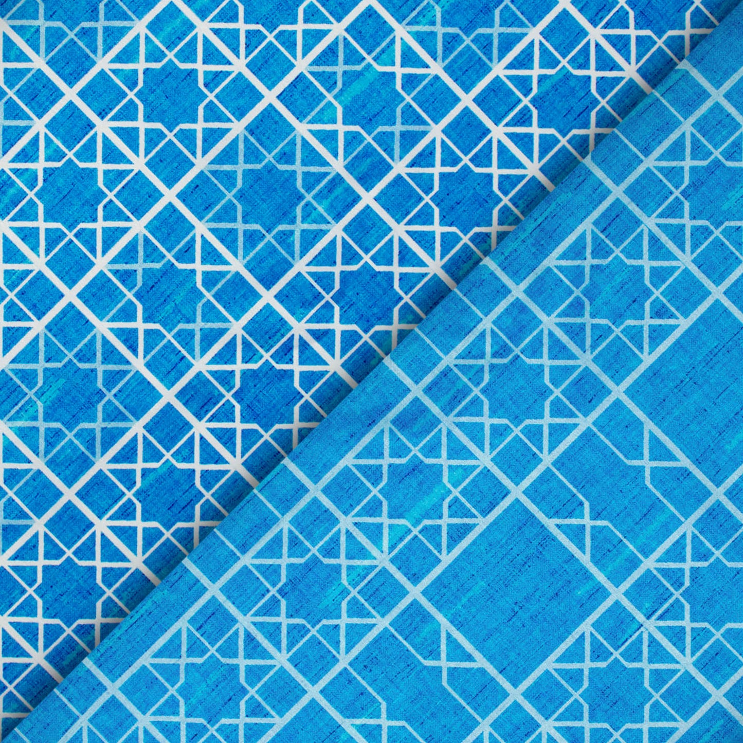 Azure Blue And White Geometric Pattern Digital Print Lush Satin Fabric