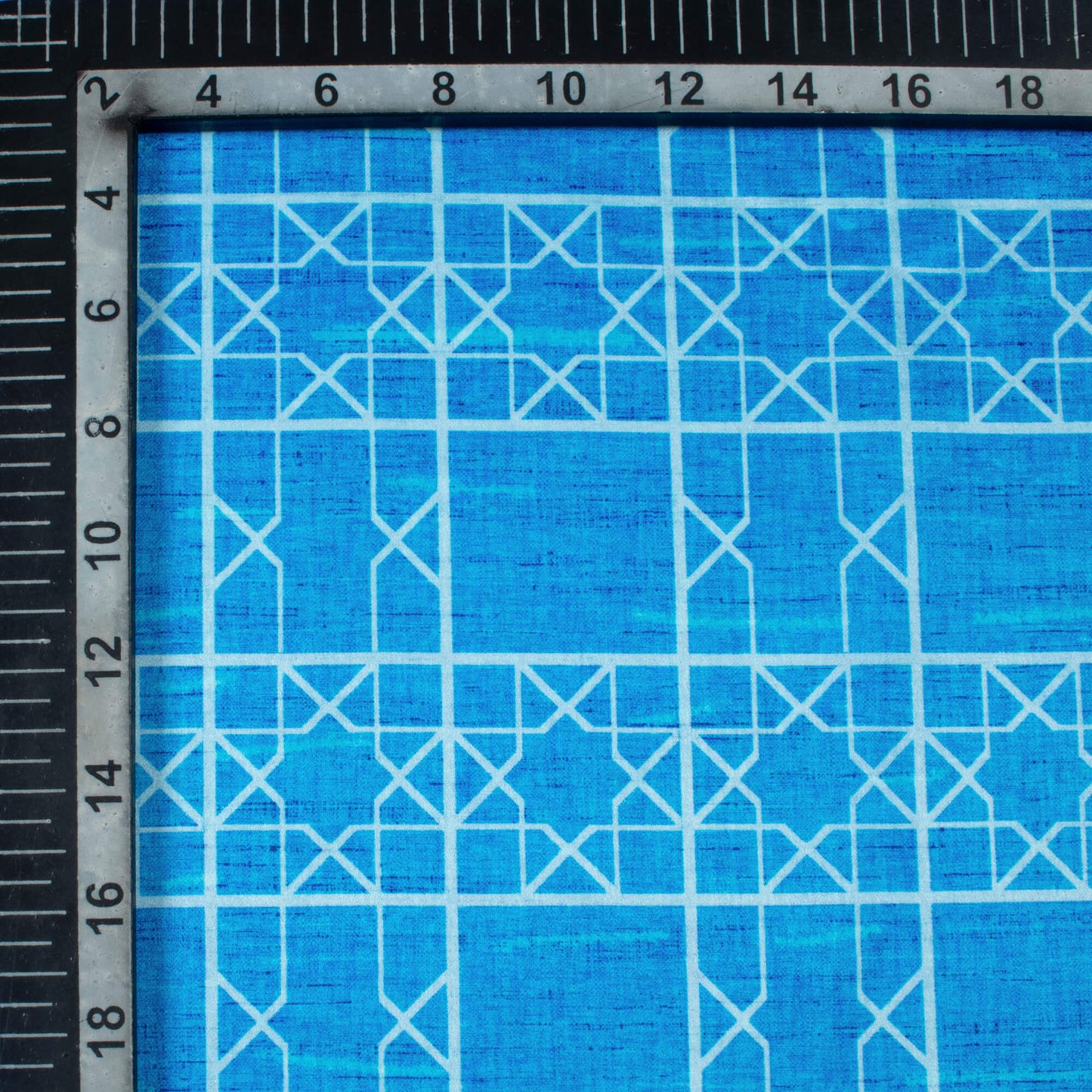 Azure Blue Geometric Pattern Digital Print Lush Satin Fabric