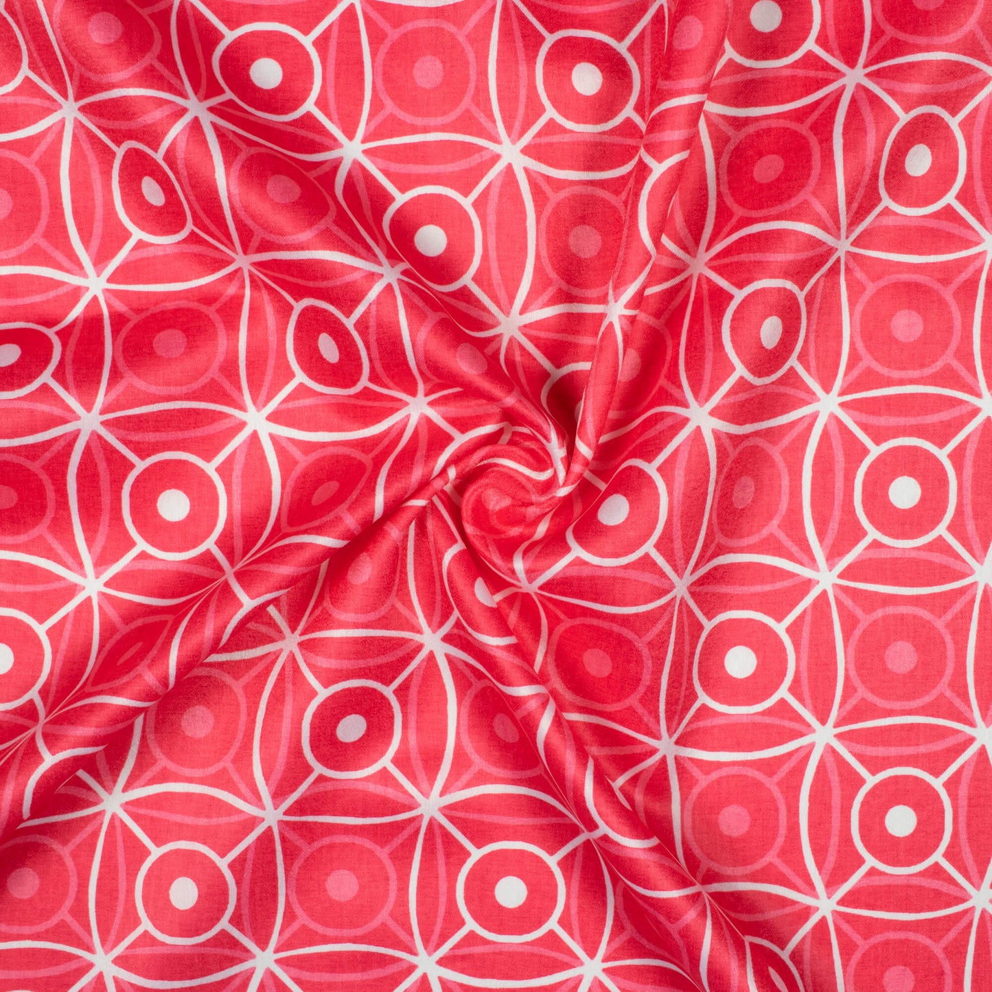 Cerise Pink And White Geometric Pattern Digital Print Lush Satin Fabric