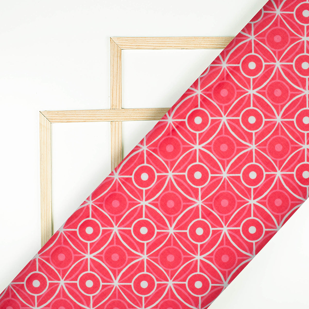 Cerise Pink And White Geometric Pattern Digital Print Lush Satin Fabric