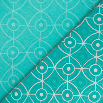 Turquoise And White Geometric Pattern Digital Print Lush Satin Fabric