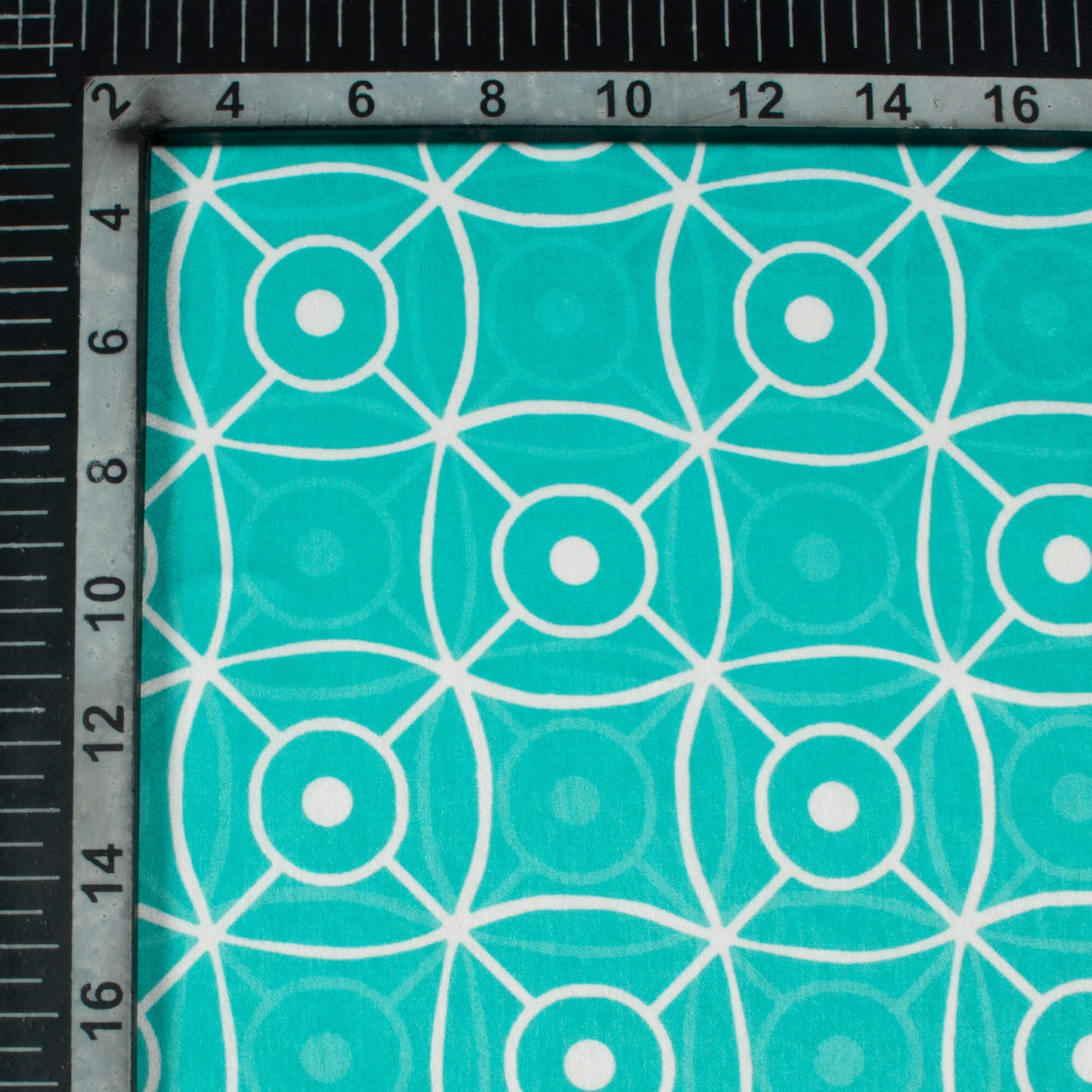 Turquoise And White Geometric Pattern Digital Print Lush Satin Fabric