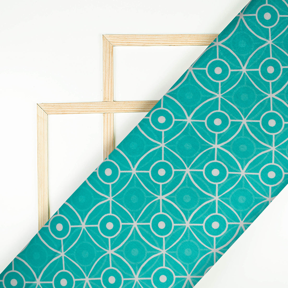 Turquoise And White Geometric Pattern Digital Print Lush Satin Fabric