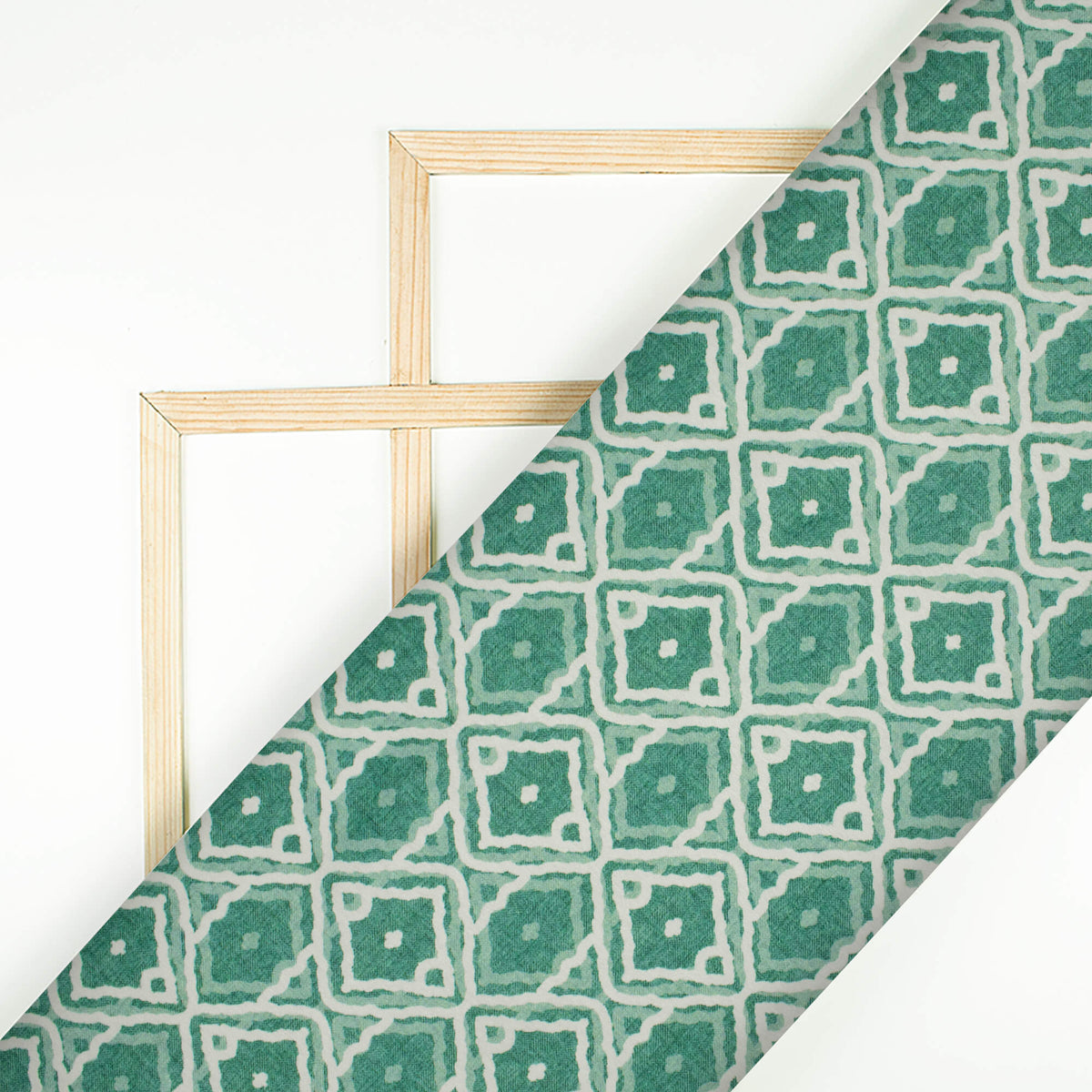 Persian Green And White Geometric Pattern Digital Print Lush Satin Fabric