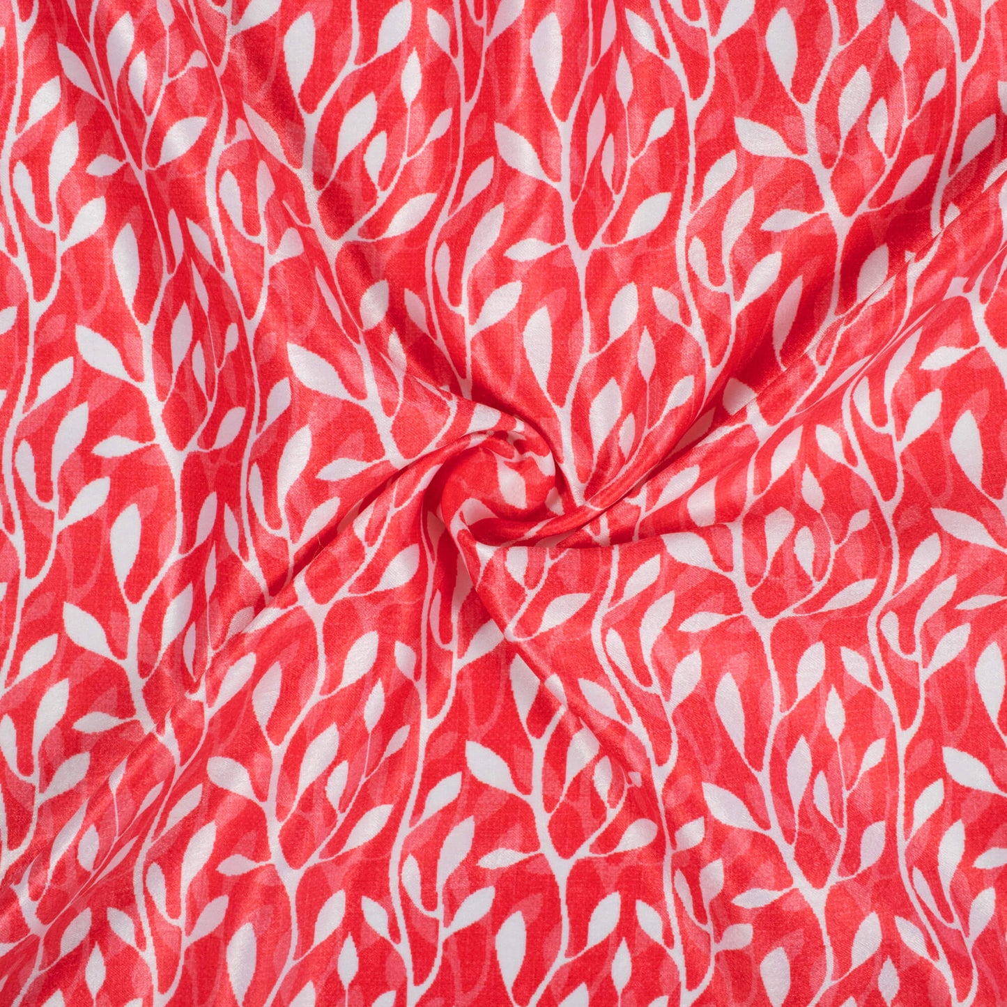 Desire Red And White Leaf Pattern Digital Print Lush Satin Fabric