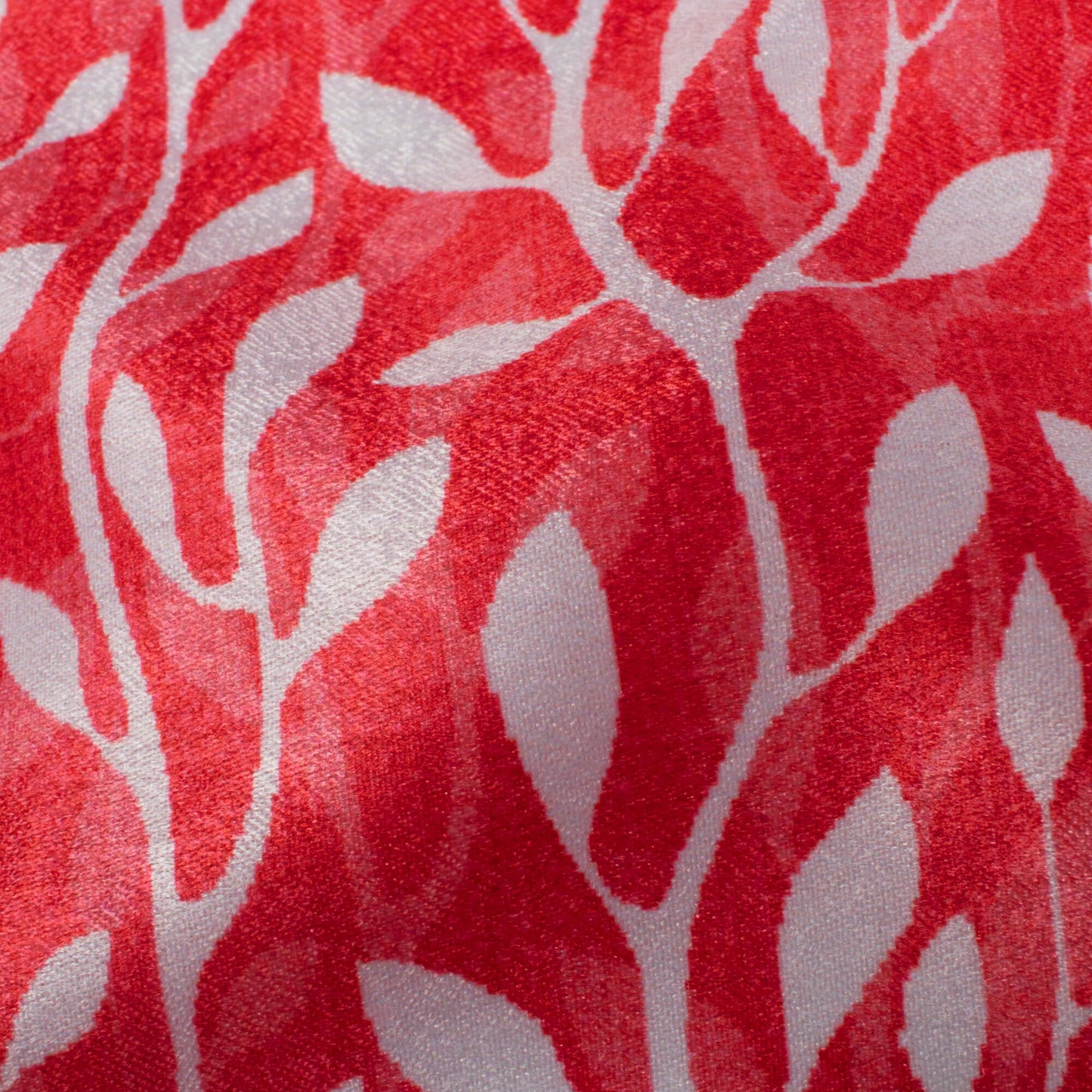 Desire Red And White Leaf Pattern Digital Print Lush Satin Fabric