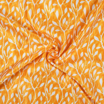 Amber Yellow And White Leaf Pattern Digital Print Lush Satin Fabric