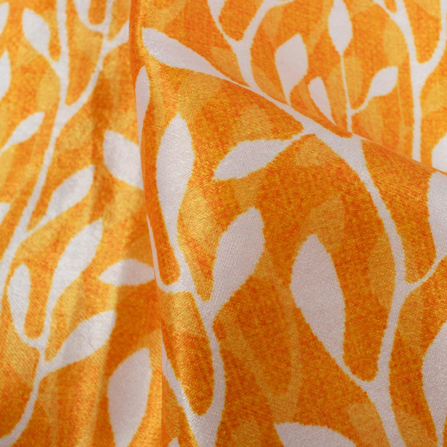 Amber Yellow And White Leaf Pattern Digital Print Lush Satin Fabric