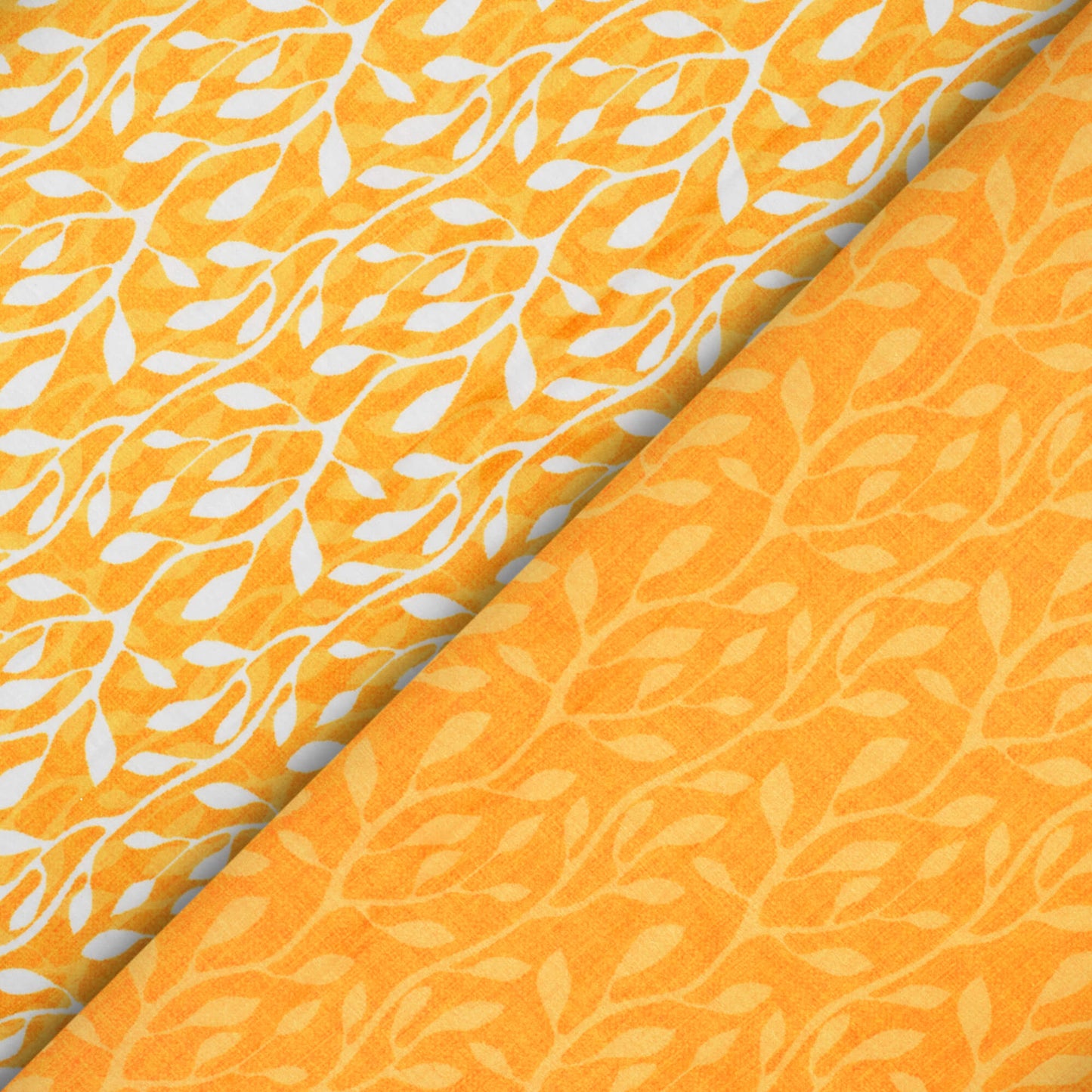 Amber Yellow And White Leaf Pattern Digital Print Lush Satin Fabric