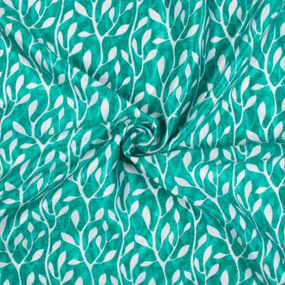 Sea Green And White Leaf Pattern Digital Print Lush Satin Fabric