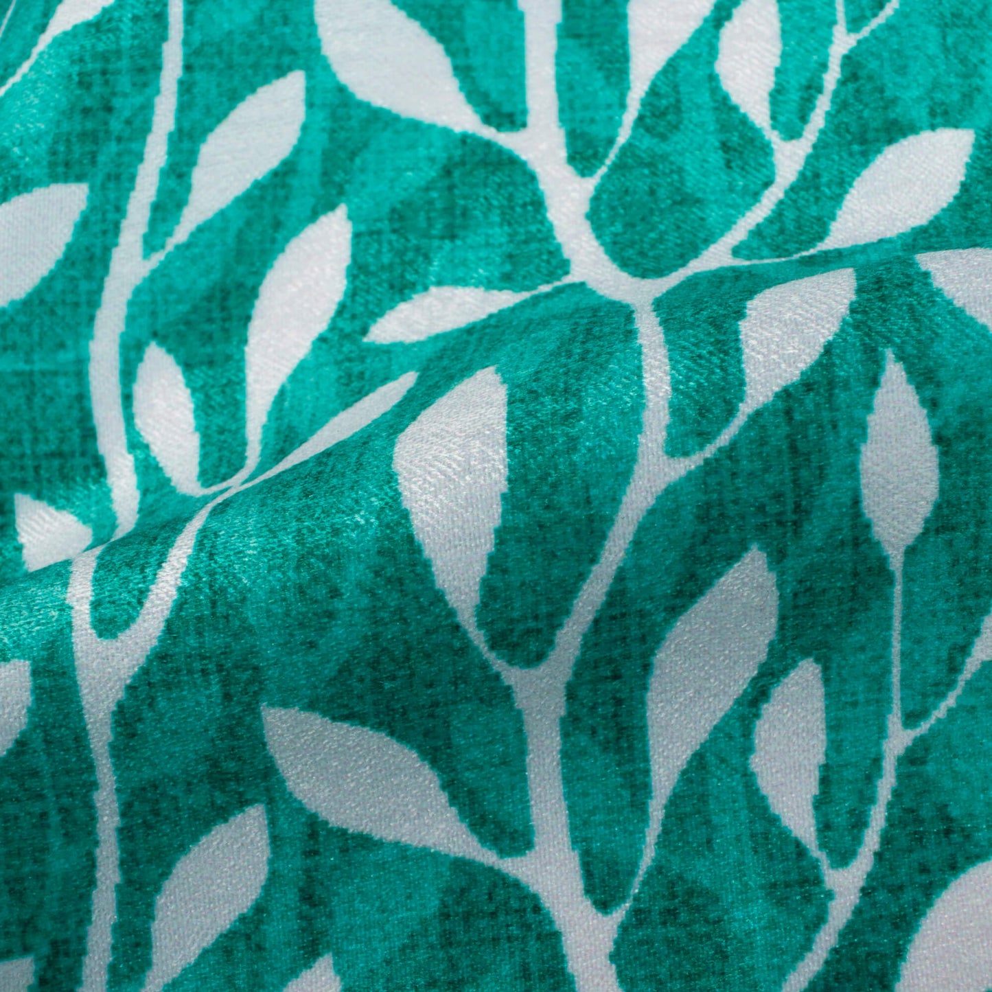 Sea Green And White Leaf Pattern Digital Print Lush Satin Fabric