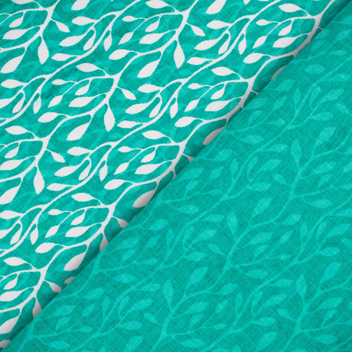 Sea Green And White Leaf Pattern Digital Print Lush Satin Fabric