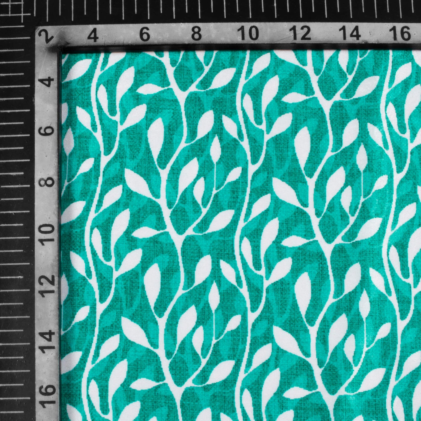 Sea Green And White Leaf Pattern Digital Print Lush Satin Fabric