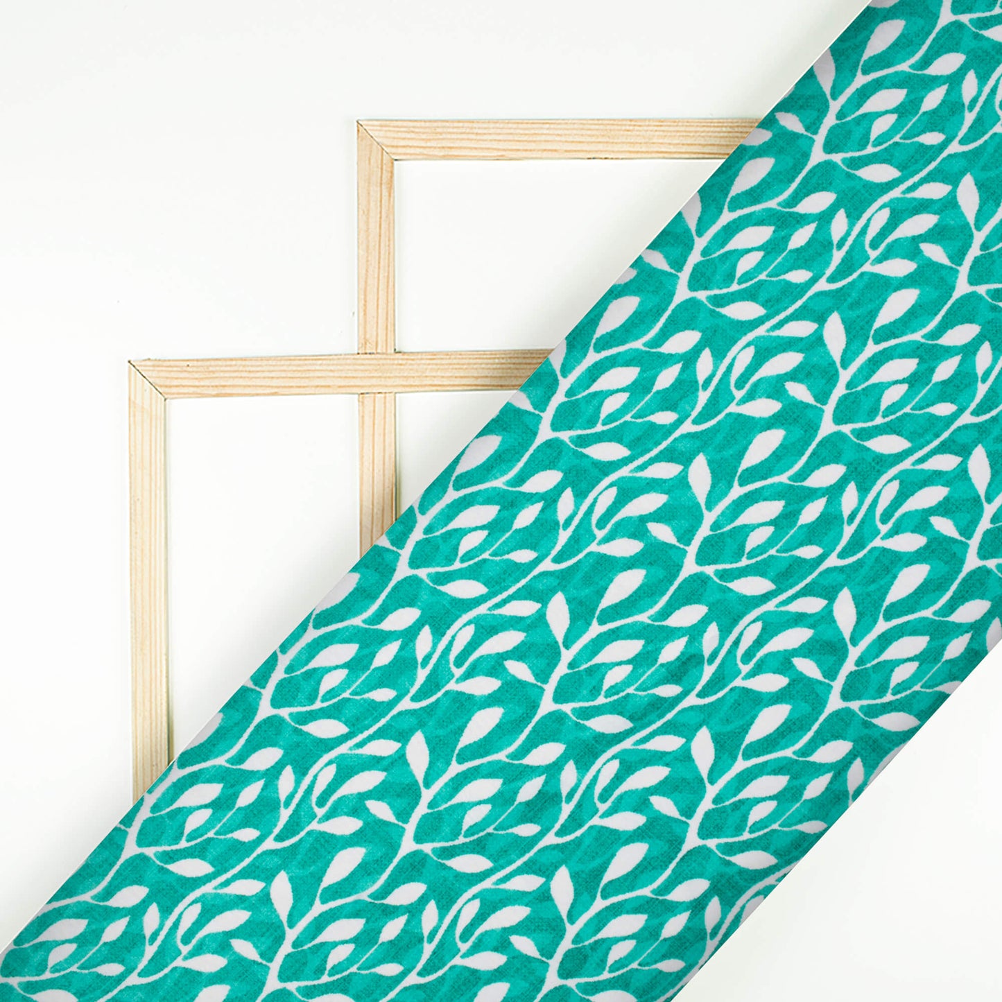 Sea Green And White Leaf Pattern Digital Print Lush Satin Fabric