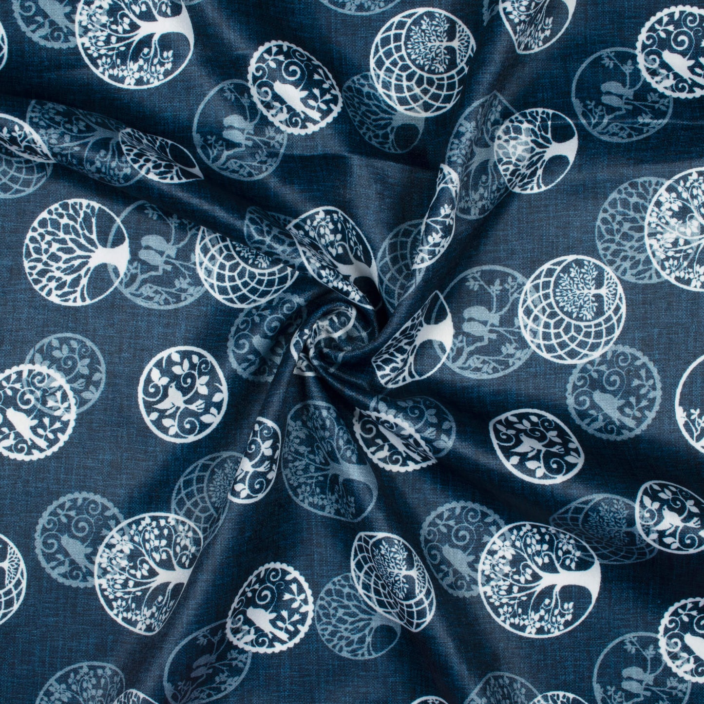 Prussian Blue And White Quirky Pattern Digital Print Lush Satin Fabric