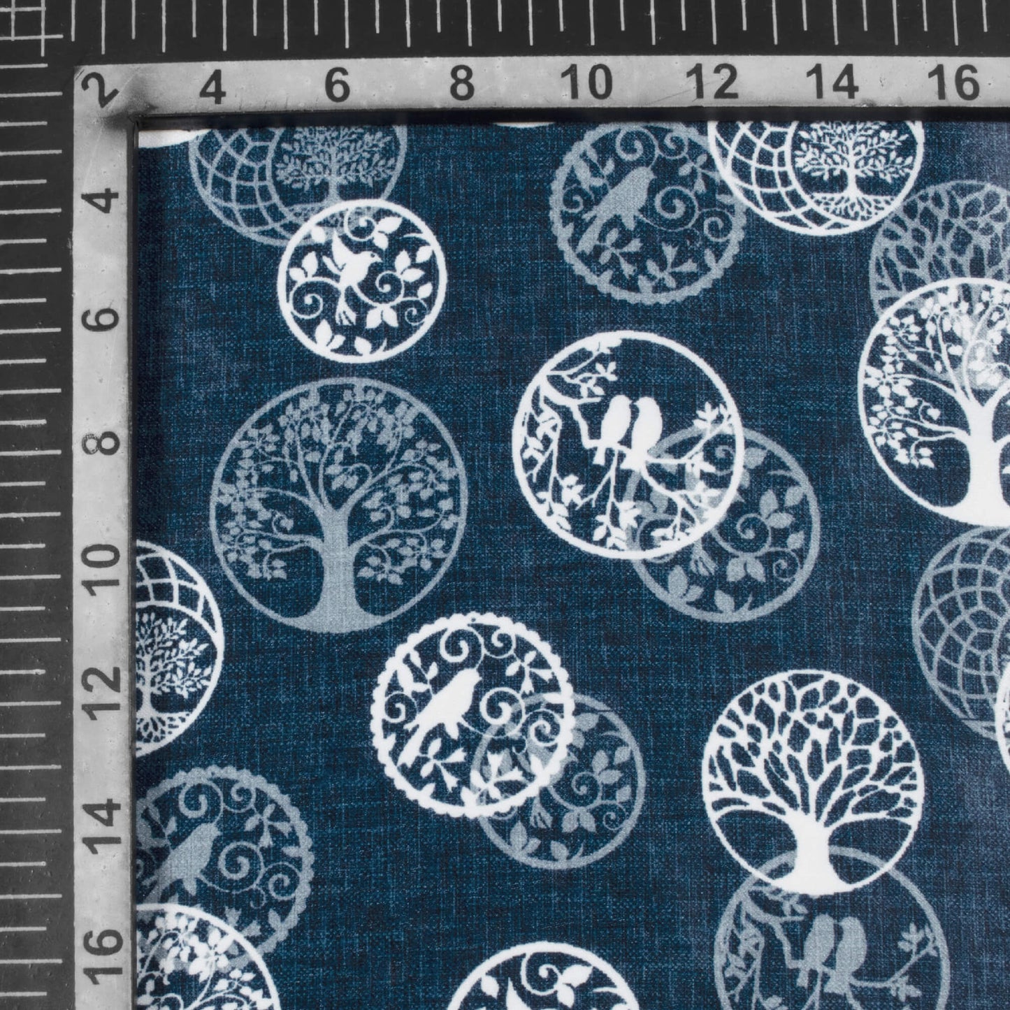 Prussian Blue And White Quirky Pattern Digital Print Lush Satin Fabric