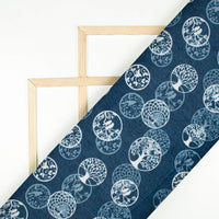 Prussian Blue And White Quirky Pattern Digital Print Lush Satin Fabric