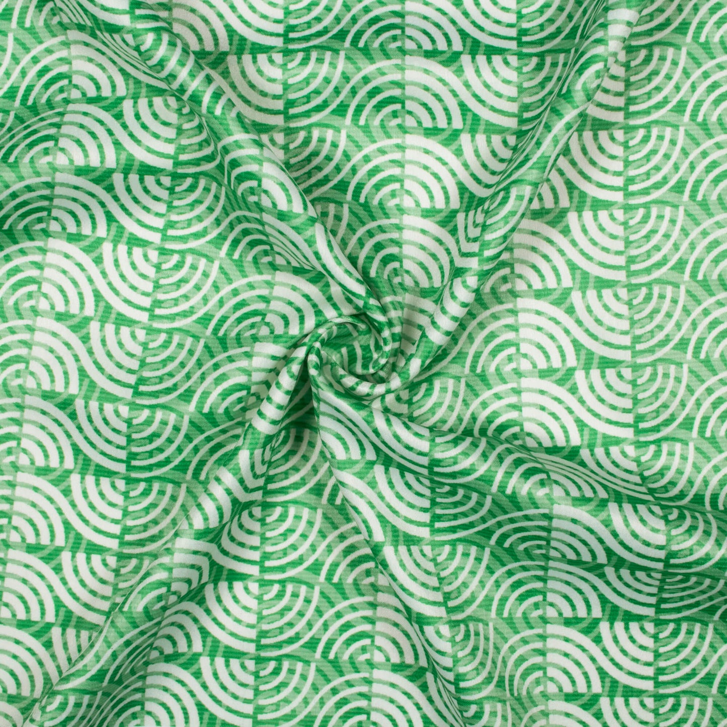 Jade Green And White Geometric Pattern Digital Print Lush Satin Fabric