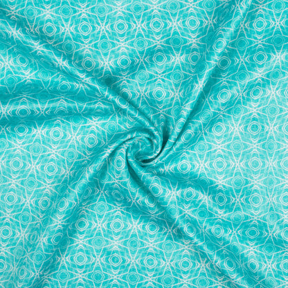 Sky Blue And White Geometric Pattern Digital Print Lush Satin Fabric