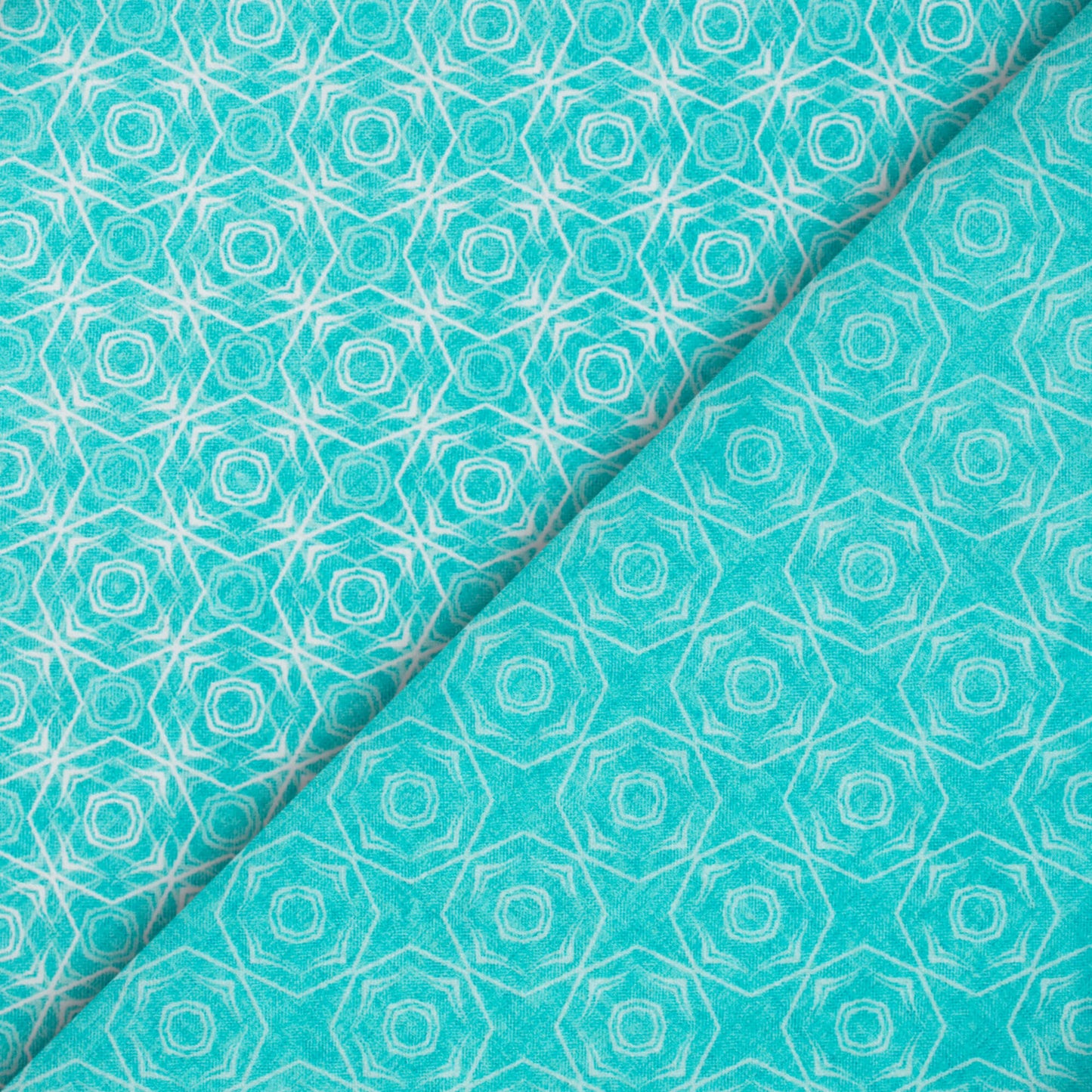 Sky Blue And White Geometric Pattern Digital Print Lush Satin Fabric