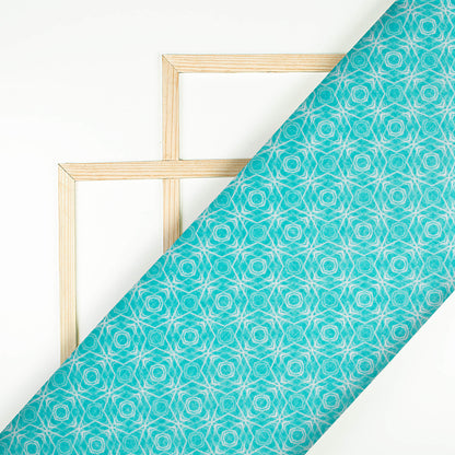Sky Blue And White Geometric Pattern Digital Print Lush Satin Fabric