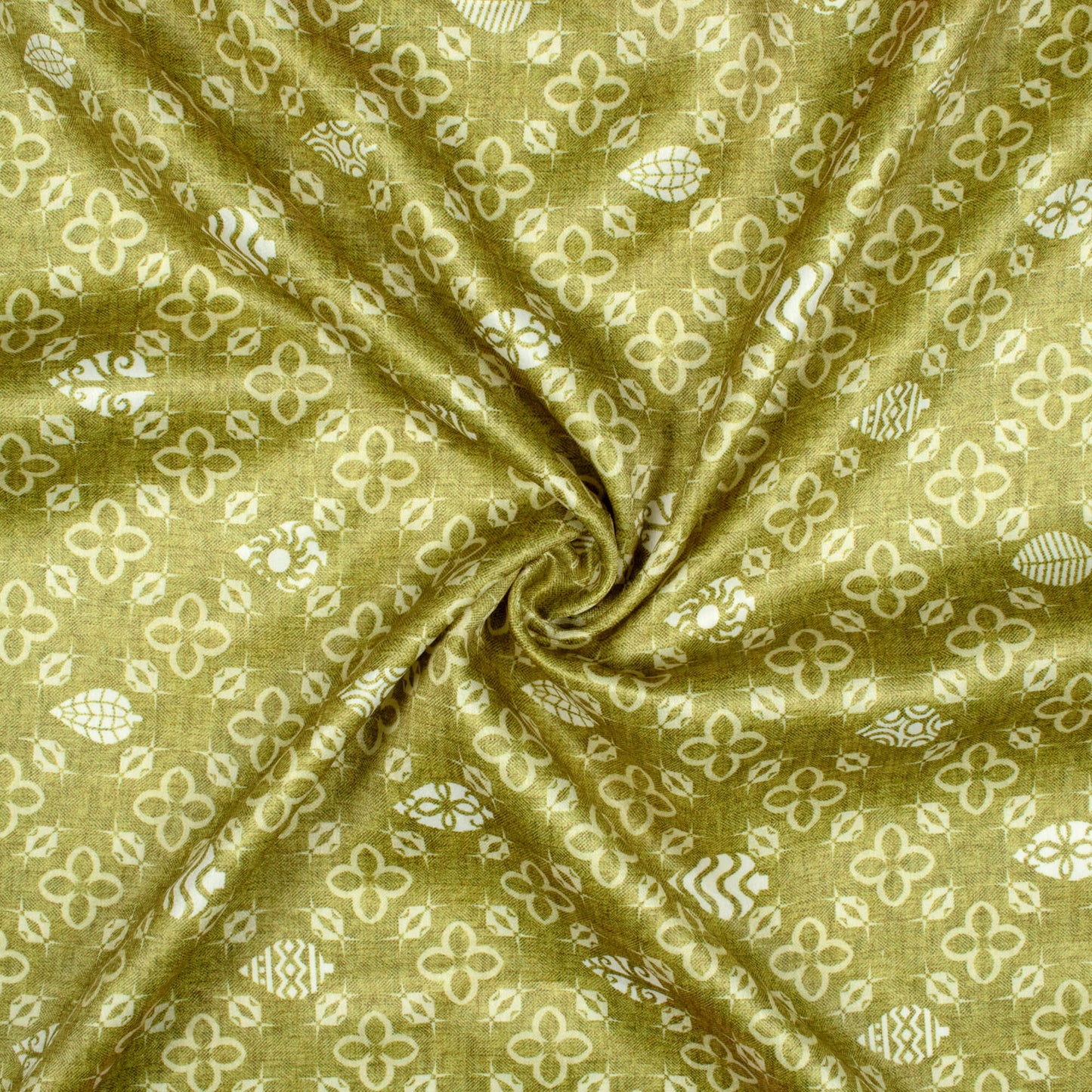 Moss Green And Off White Traditional Pattern Digital Print Lush Satin Fabric